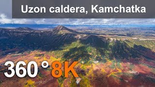360 video. Uzon volcanic caldera, Kamchatka, Russia. 8K aerial video