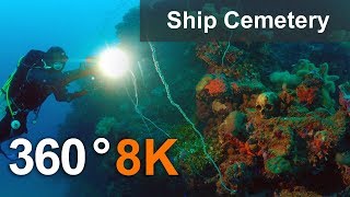 Ship Cemetery in Truk Lagoon in 360 format, Micronesia. 8K underwater video