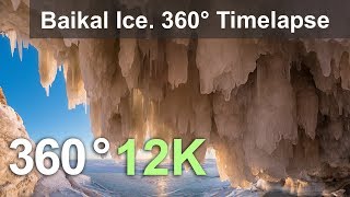 360 video, Baikal Ice. Looking at sunset from ice cave. 12K timelapse